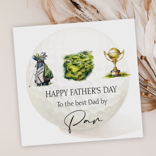 A greeting card with a golf-themed design, featuring a golf club, a trophy, and a golf course. The card has a message that reads "Happy Father's Day To the best Dad by Pan".