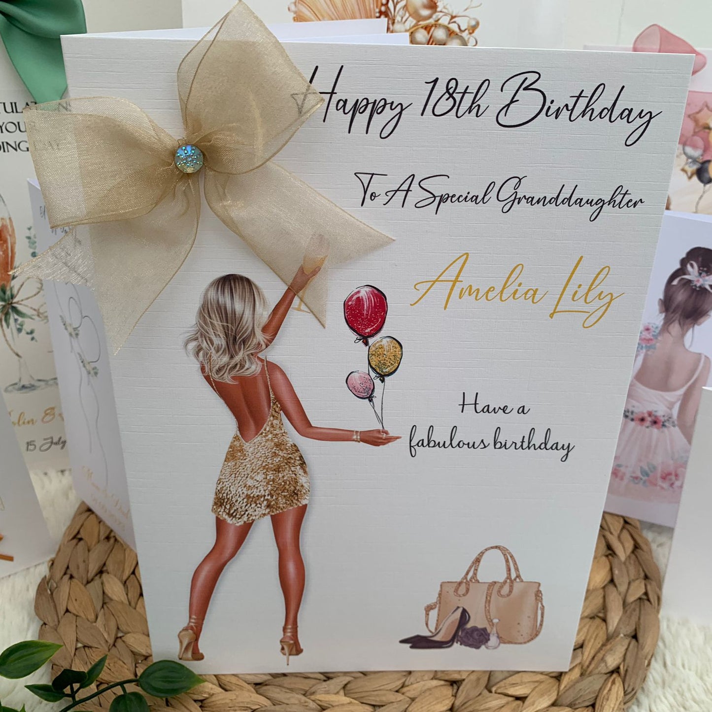 a birthday card with a picture of a woman holding a balloon