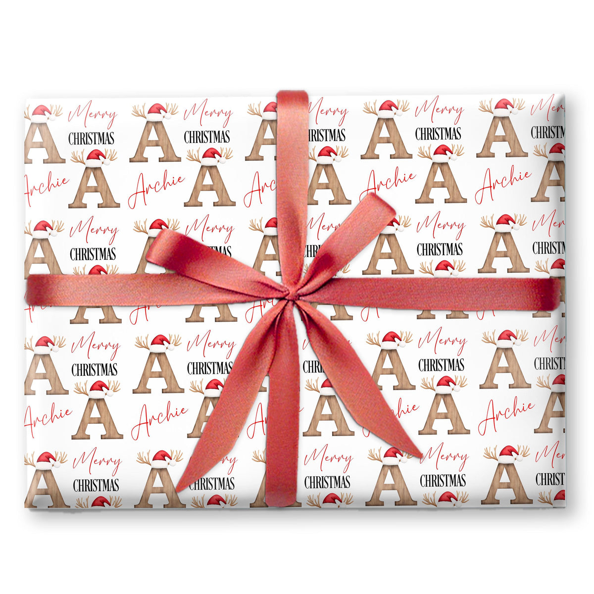 Personalised Christmas Gift Wrap – Wooden Initial with Santa Hat Design Wrapping Paper
