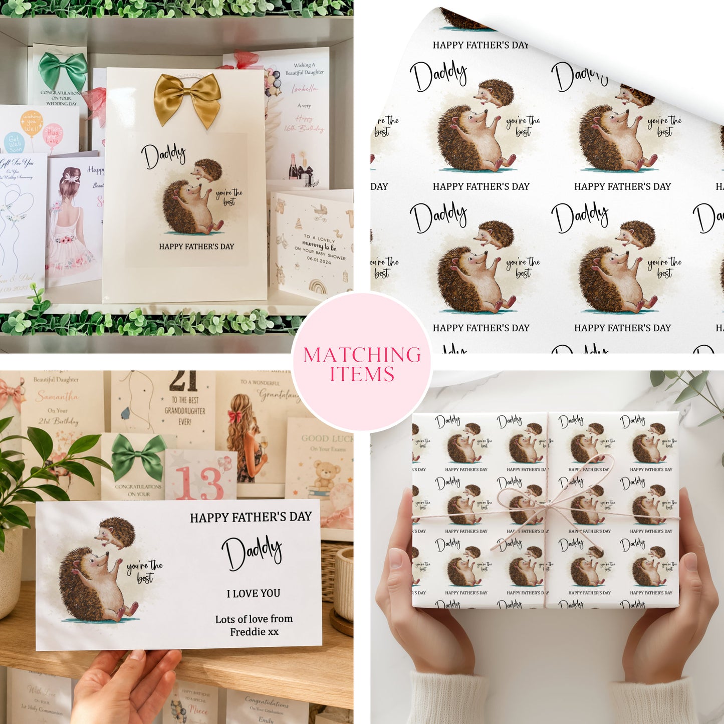 The image is a collage of four photos featuring various items related to Father's Day, including greeting cards, gift boxes, and a hand holding a card.