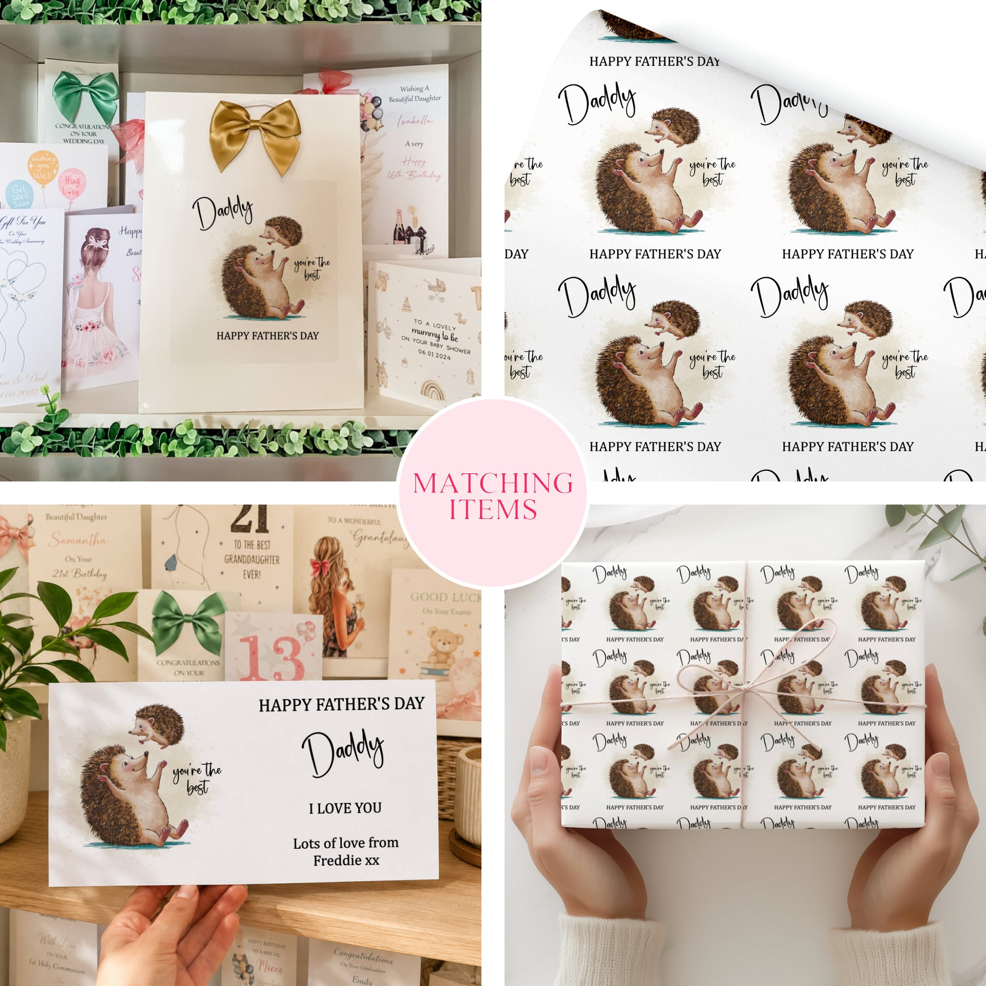 The image is a collage of four photos featuring various items related to Father's Day, including greeting cards, gift boxes, and a hand holding a card.
