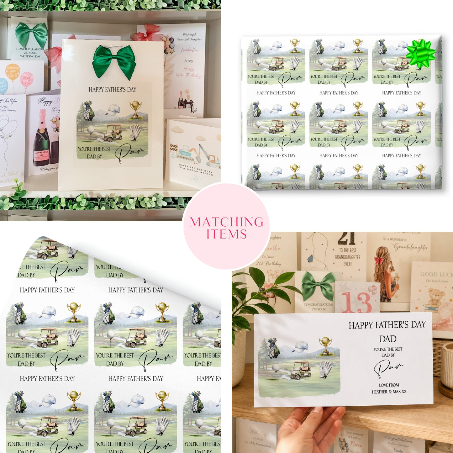 The image is a collage of four different images, each featuring a unique design related to Father's Day. The images include a card with a golf course, a card with a trophy, a card with a ribbon, and a card with a picture of a father and son.