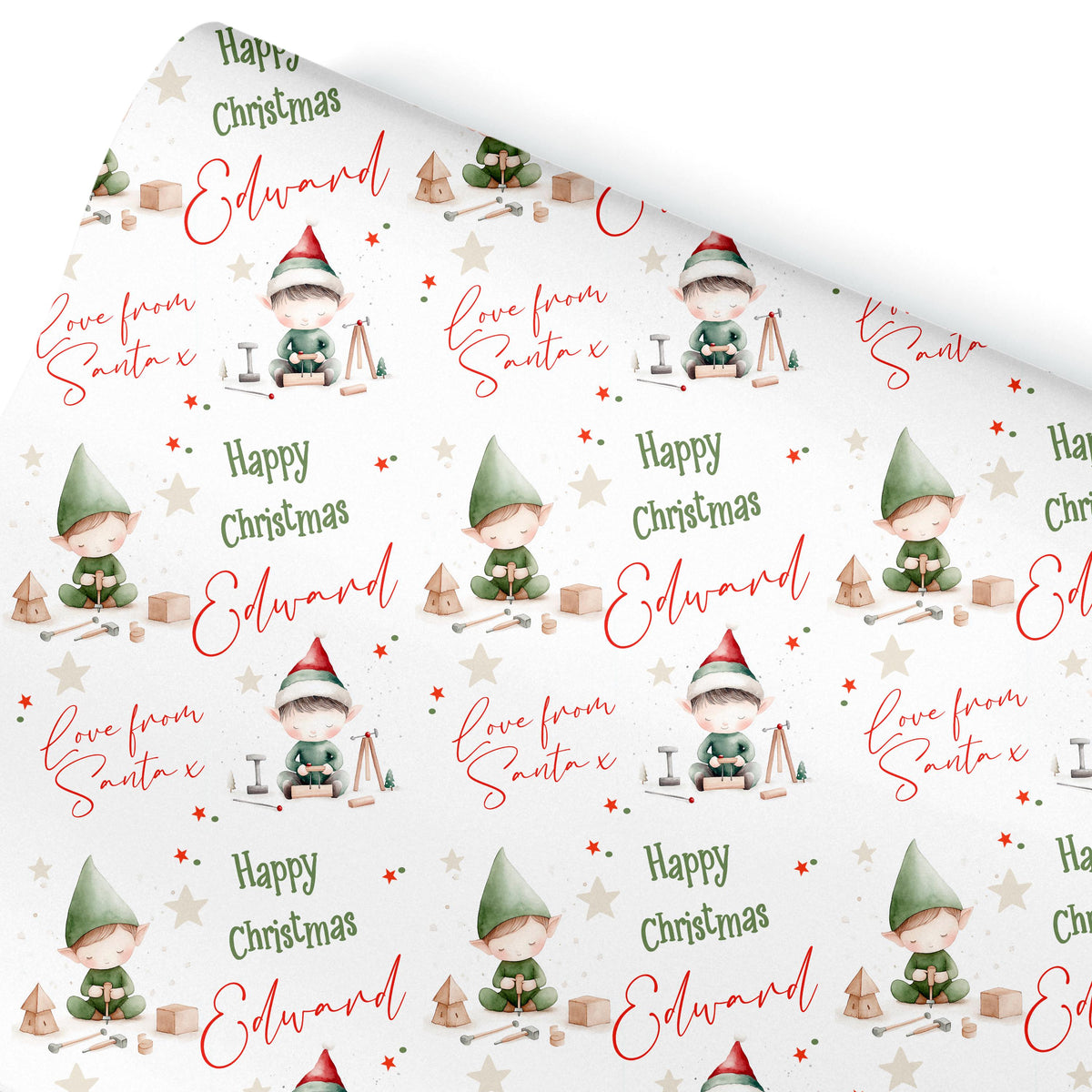 Personalised Elf Wrapping Paper, Boy Christmas Gift Wrap, A2 Sheet