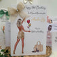 a birthday card with a picture of a woman holding balloons