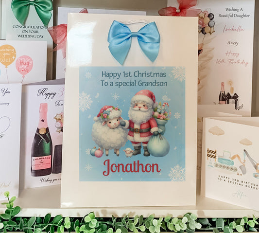 Personalised First  Christmas Gift Bag ,Personalised Santa and friends Christmas Children's  Christmas Gift Bag, Festive Gift Wrapping