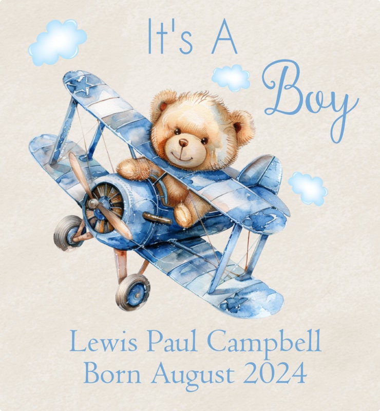 Personalised congratulations new baby boy gift bag watercolour teddy