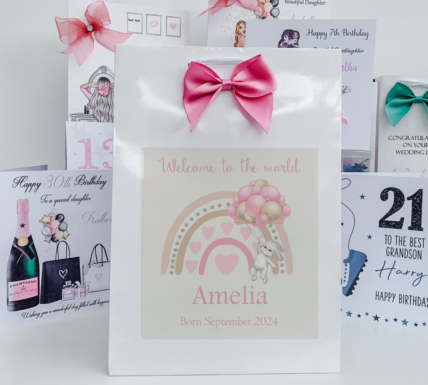 Personalised Congratulations New Baby Girl Gift Bag Watercolour Rainbow