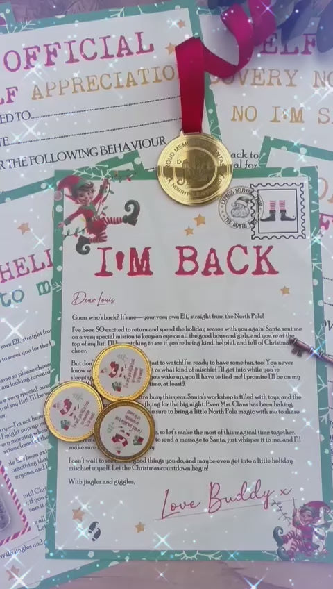 Personalised Elf I'm Back Arrival Pack, Nice List Certificate, Letter to & from Santa - Swinging Elves