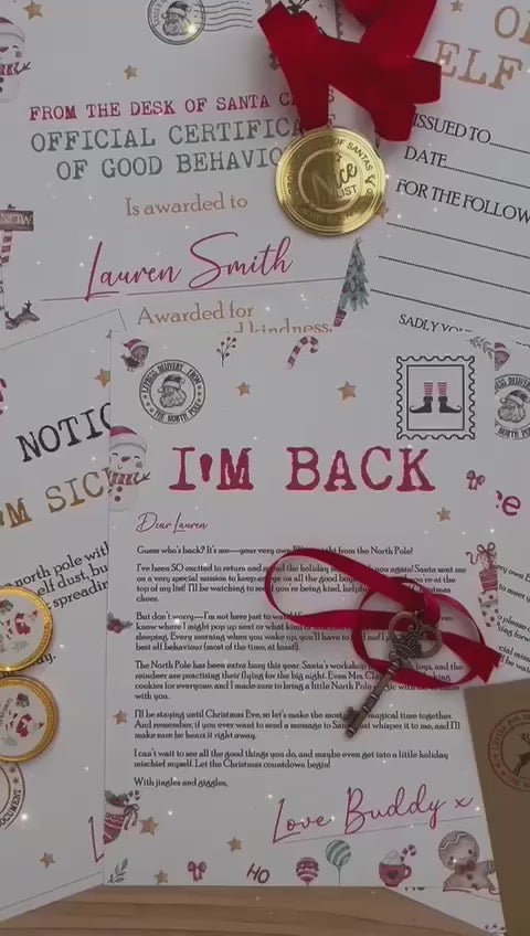 Personalised Elf I'm Back Arrival Pack, Nice List Certificate, Letter to & from Santa – Santa Snowman Reindeer Design
