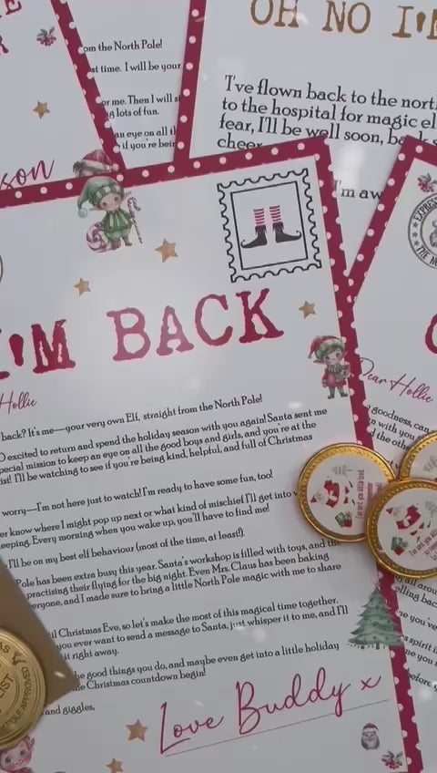 Personalised Elf I'm Back Arrival Pack, Nice List Certificate, Letter to & from Santa - Santa & Elves