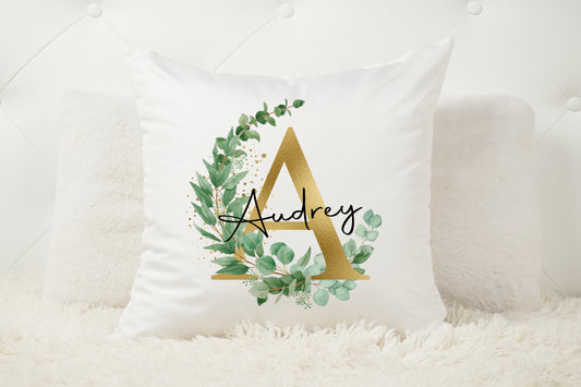 Personalised Cushion, Gold Floral Initial, Home Decor