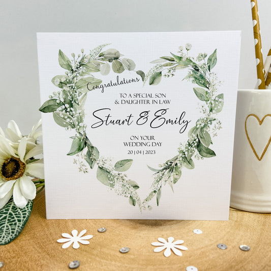 Personalised Congratulations Wedding Day Card Floral Wreath Eucalyptus Heart