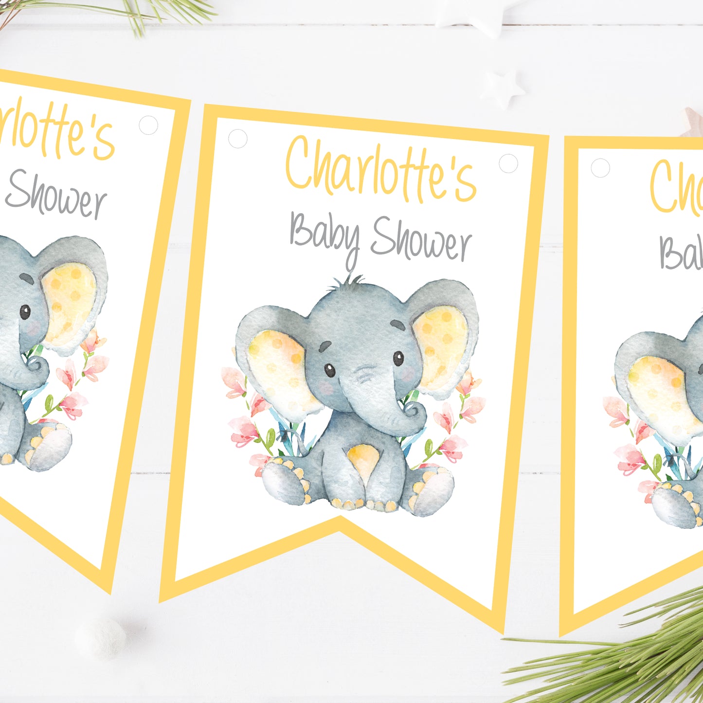 Personalised Baby Shower Bunting Flags Watercolour Elephant Yellow