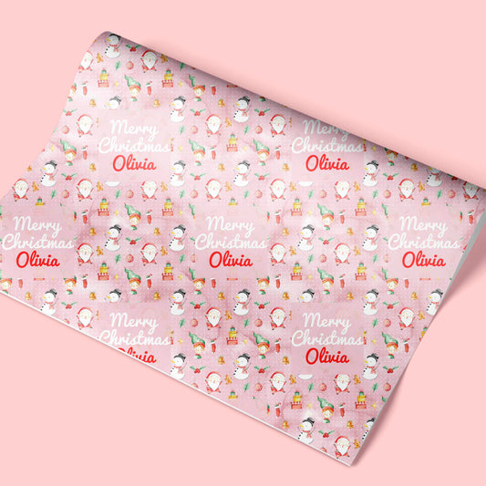 Personalised Christmas Wrapping Paper Pink Polka Dot Santa Snowman Elf