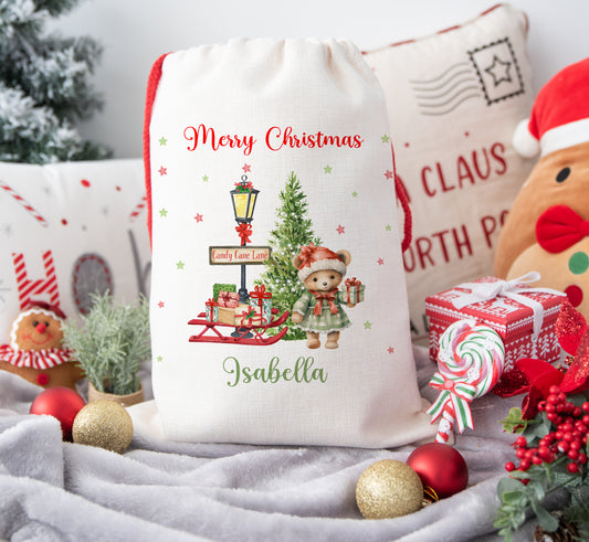 Personalised Christmas Santa Sack For Children Candy Cane Lane Teddy Bear