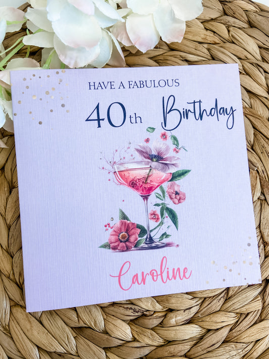 Personalised Birthday Card Floral Cocktail Lilac