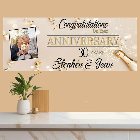 Personalised Photo Anniversary Banner Congratulations Gold Champagne Streamers