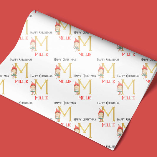 Personalised Christmas Wrapping Paper Elf Girl Gold Initial