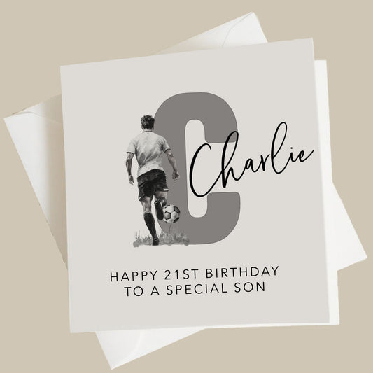 a birthday card with a picture of a man kicking a soccer ball
