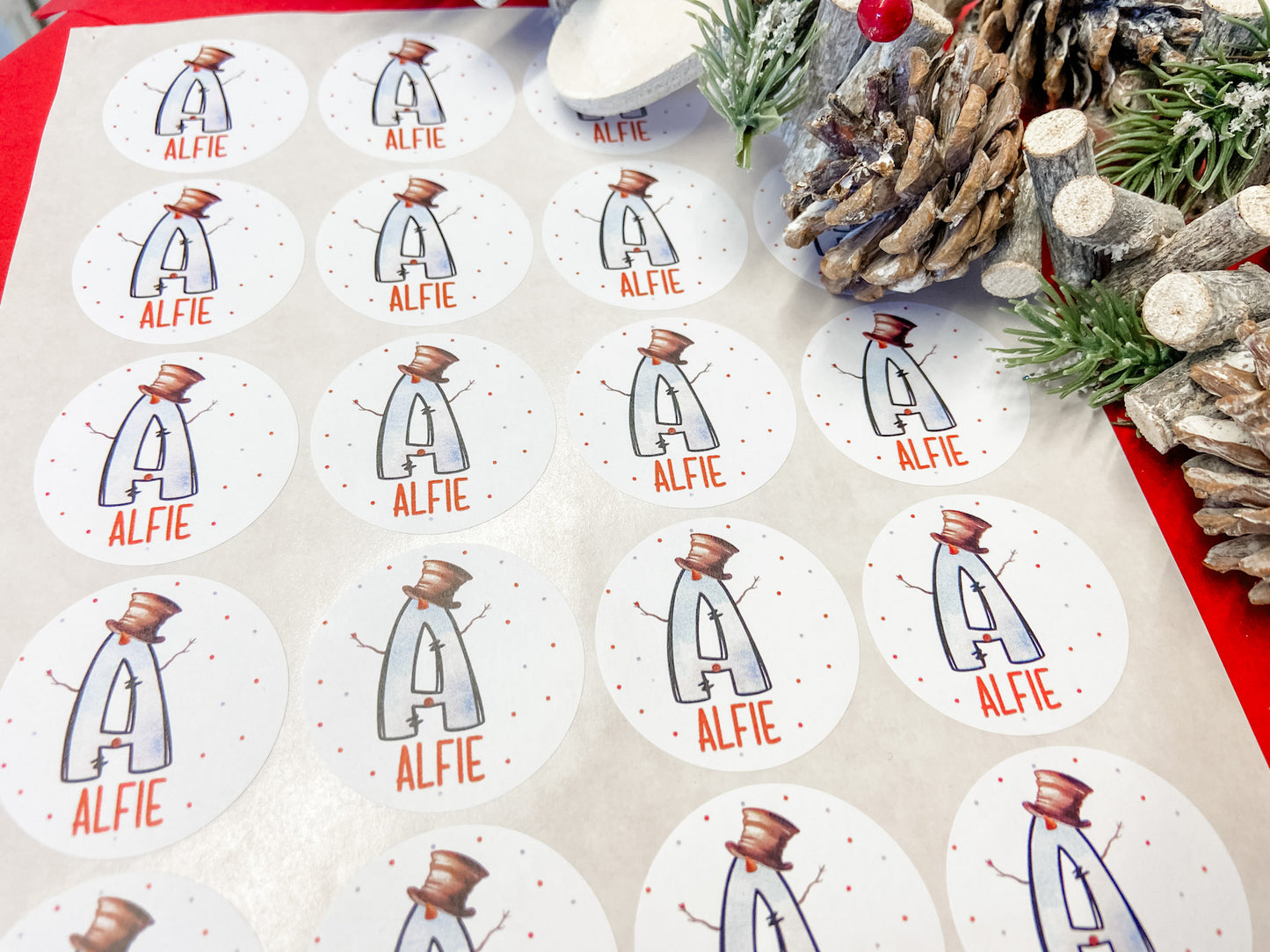 Personalised Christmas Stickers, Gift Labels, , Festive Name Stickers Snowman Initial