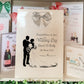 a wedding card with a picture of a bride and groom