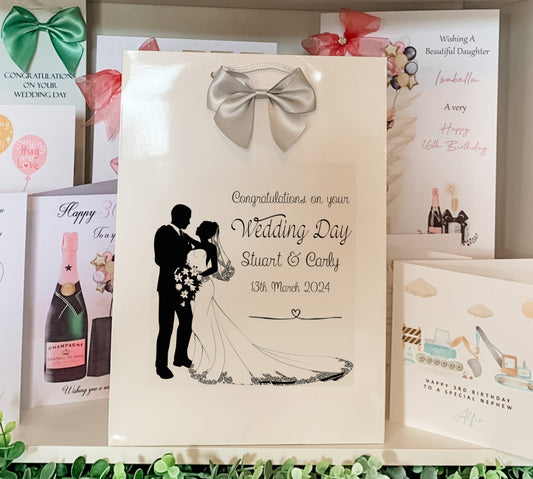 a wedding card with a picture of a bride and groom