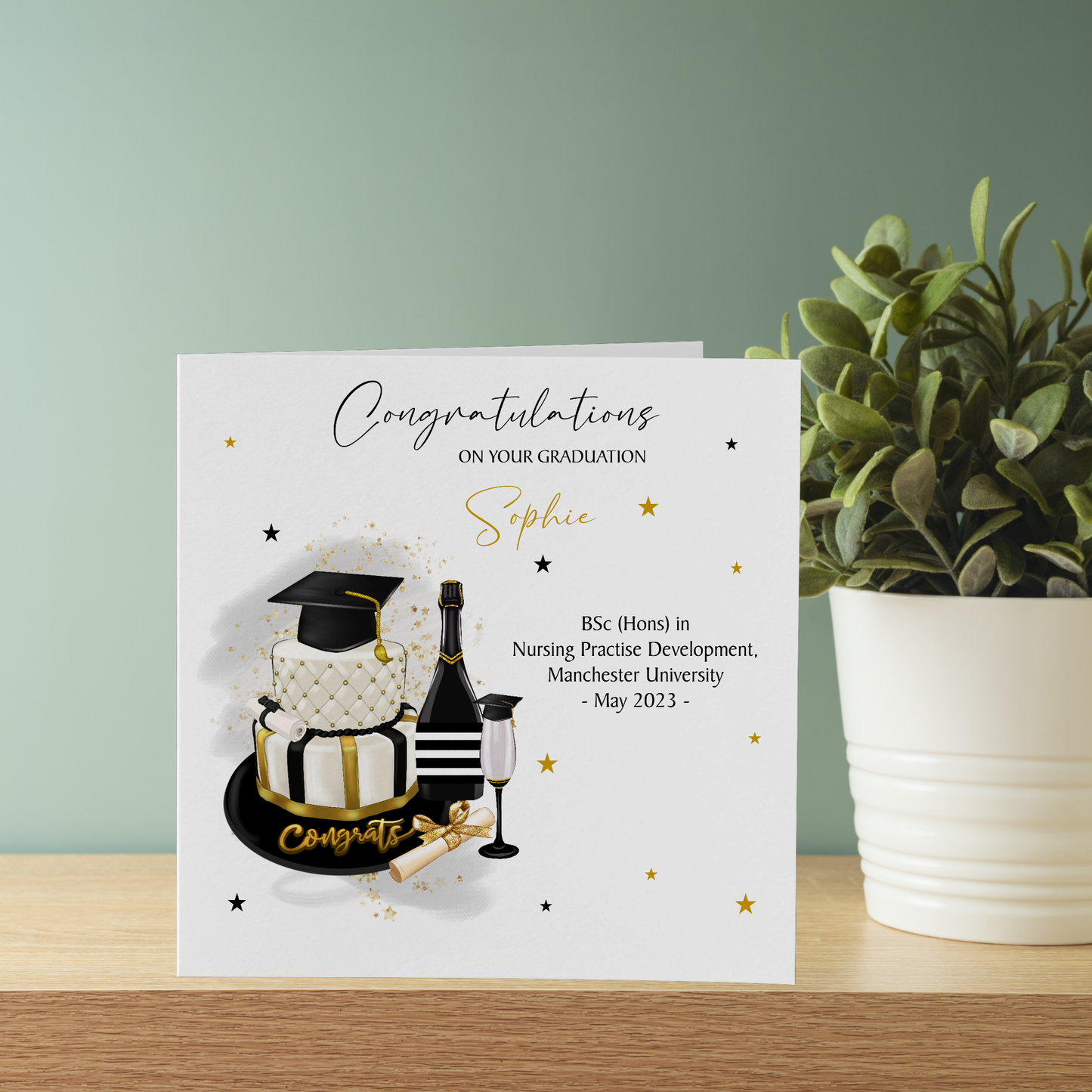 Personalised Graduation Card Congratulations Cake Champagne