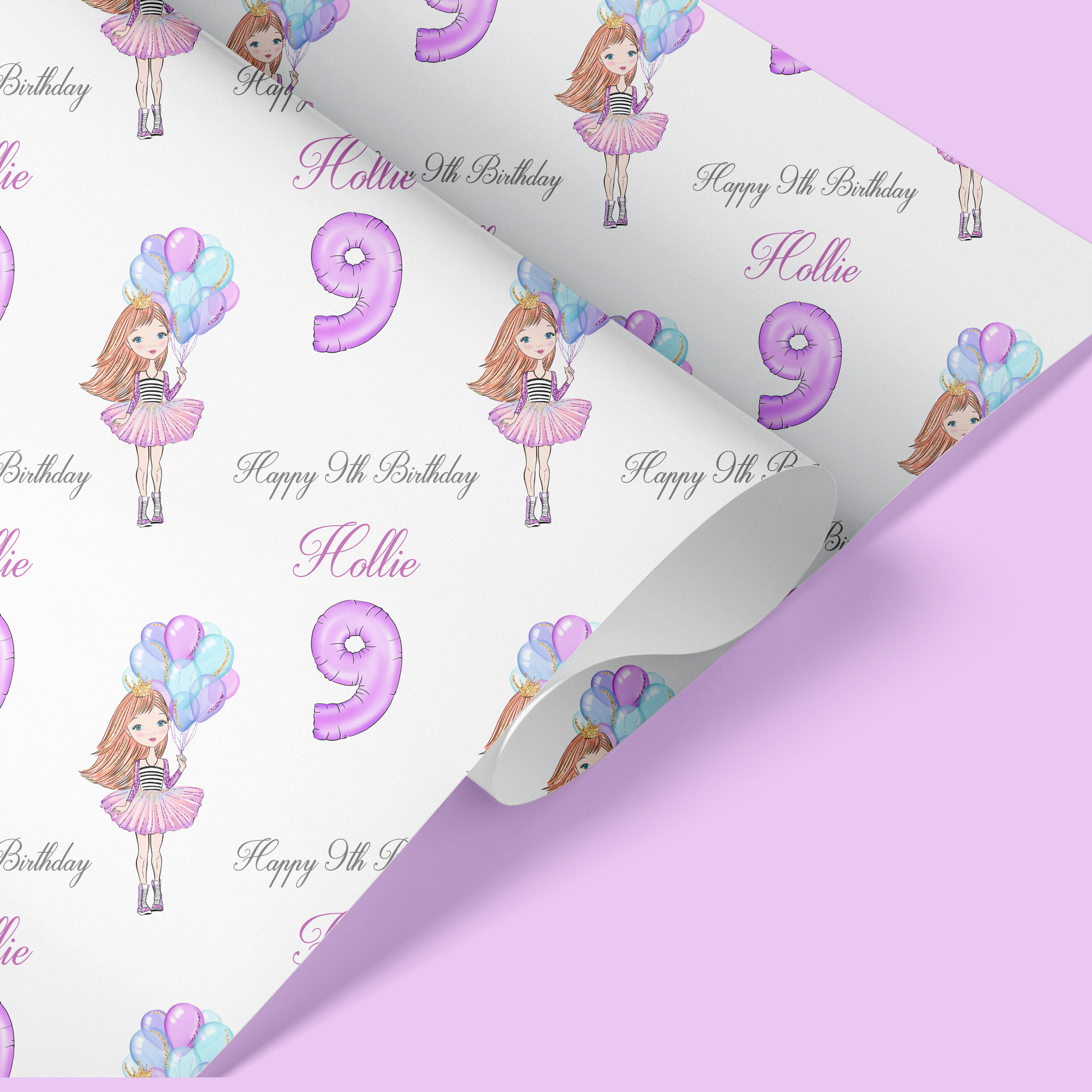 a purple and white birthday wrapping paper with a cartoon girl holding balloons