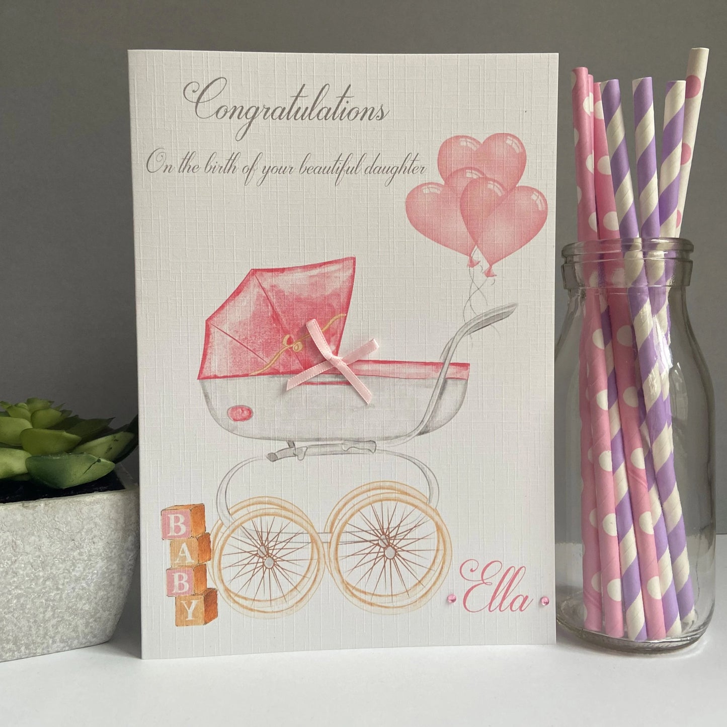 Personalised Congratulations New Baby Girl Card Pram