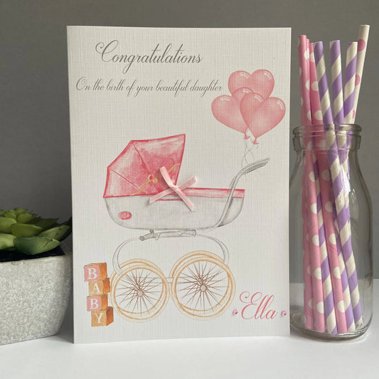 Personalised Handmade Congratulations New Baby Girl Card Pram