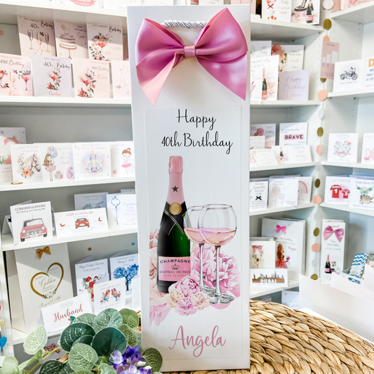 Birthday Personalised Bottle Bag Pink Floral Champagne