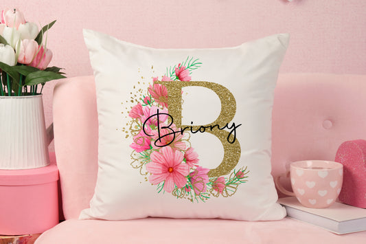 Personalised Cushion Gold Pink Floral Initial