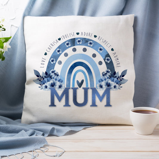 Personalised Mother's Day Cushion Blue Floral Rainbow