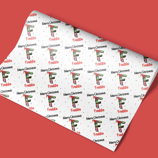 Personalised Christmas Wrapping Paper Elf Alphabet Initial