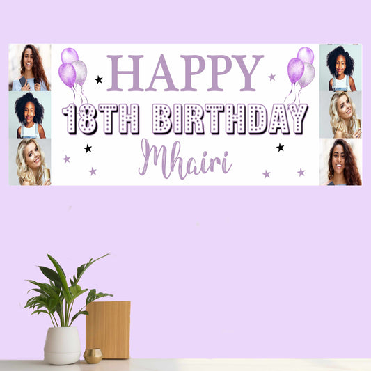 Personalised Photo Birthday Party Banner Lilac Balloons Stars