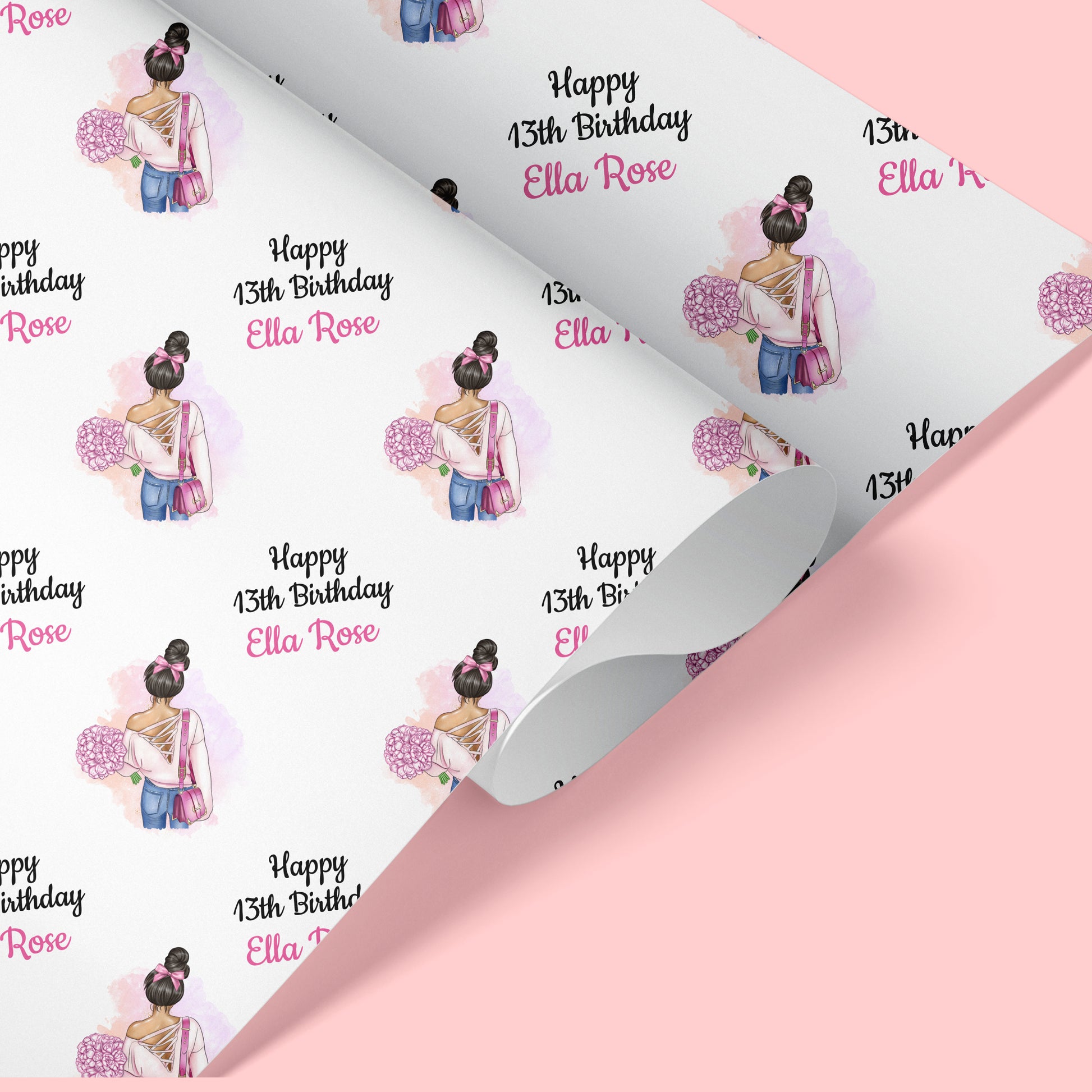a birthday wrapping paper with a picture of a girl on it