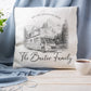 a pillow with the words the baxter family on it next to a cup of coffee