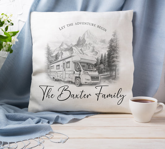 a pillow with the words the baxter family on it next to a cup of coffee