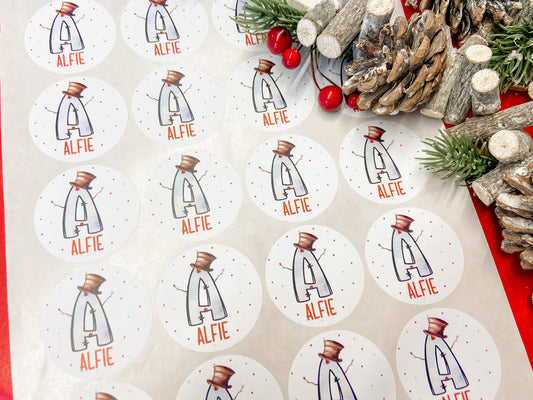 Personalised Christmas Stickers, Gift Labels, , Festive Name Stickers Snowman Initial