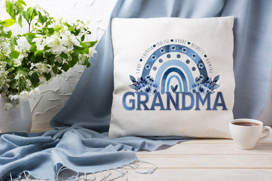 Personalised Mother's Day Cushion Blue Floral Rainbow