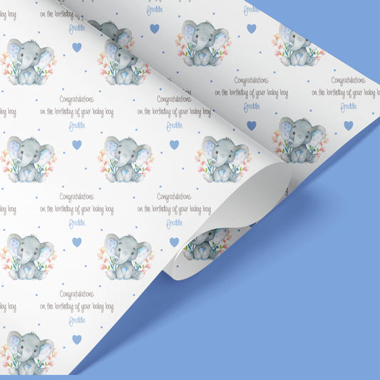 Personalised New Baby Boy Gift Wrapping Paper Blue Elephant