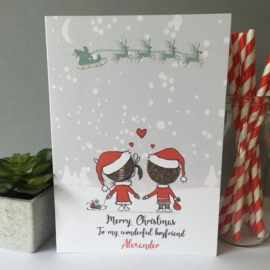 Large A5 Personalised Christmas Card Girl Boy Snow Scene