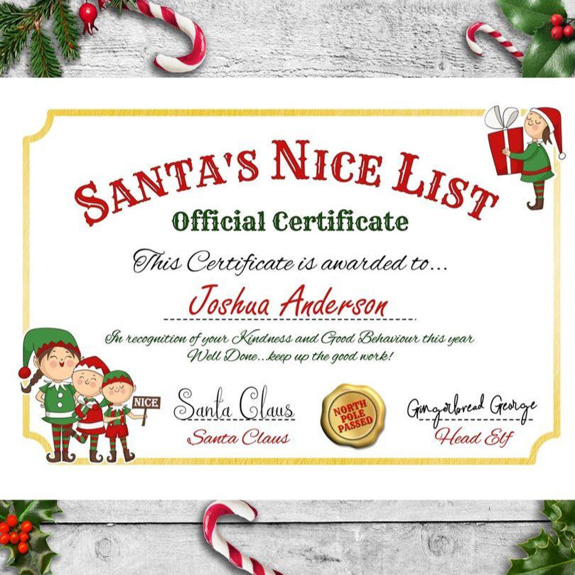 Personalised A4 Santa Nice List Certificate