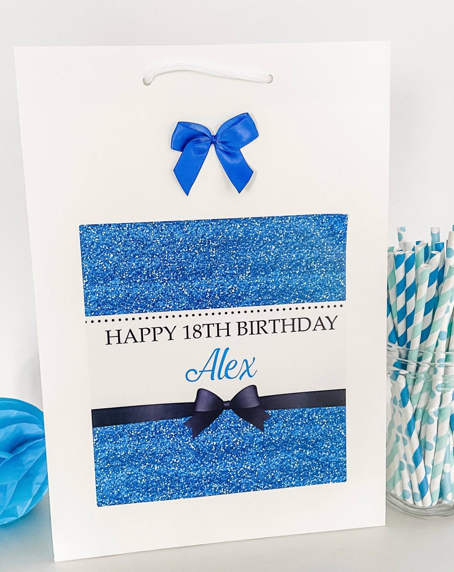 Personalised Birthday Gift Bag Blue Printed Glitter Effect