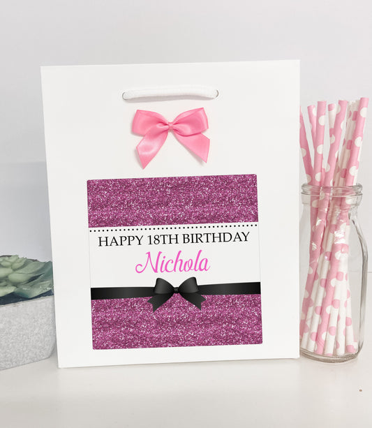 Personalised Birthday Gift Bag Printed Glitter Effect Pink