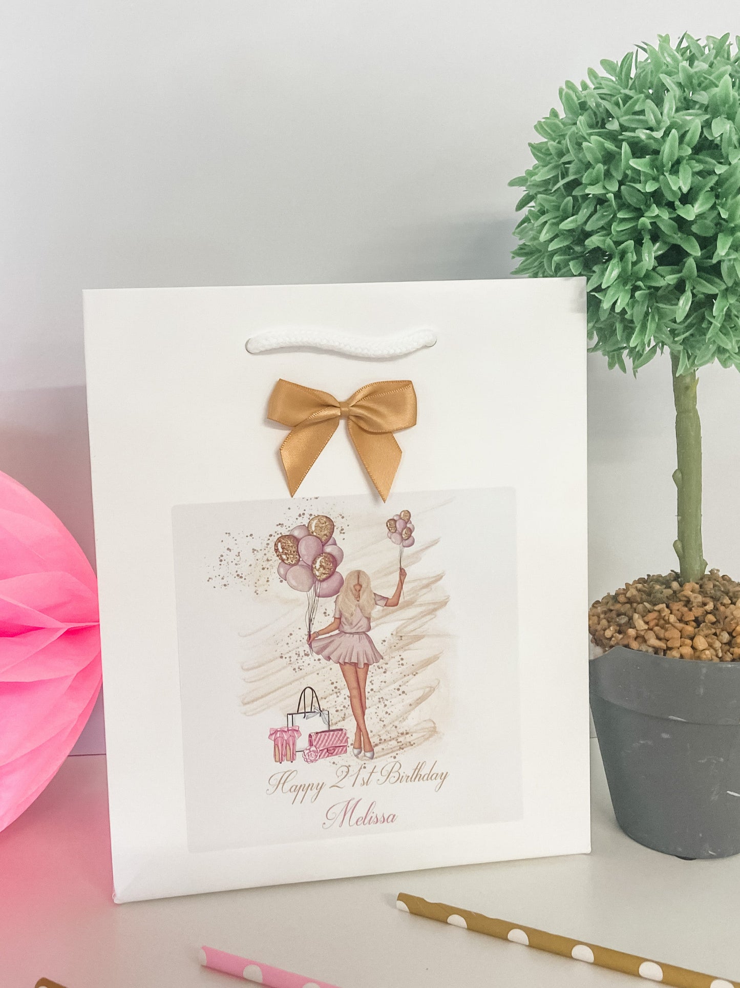 Personalised Birthday Gift Bag Girl Balloons - 4 Hair Colour Options