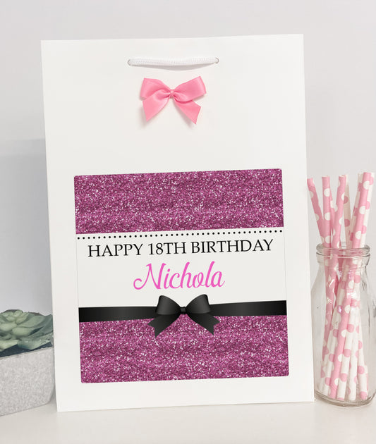 Personalised Birthday Gift Bag Printed Glitter Effect Pink