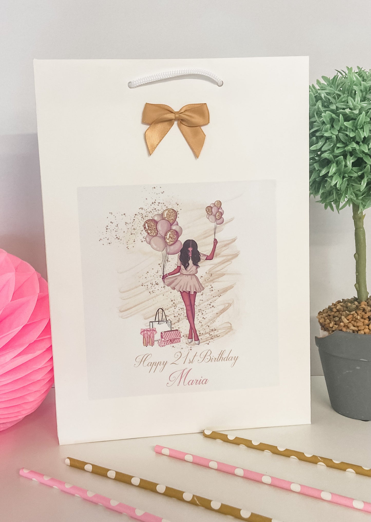 Personalised Birthday Gift Bag Girl Balloons - 4 Hair Colour Options