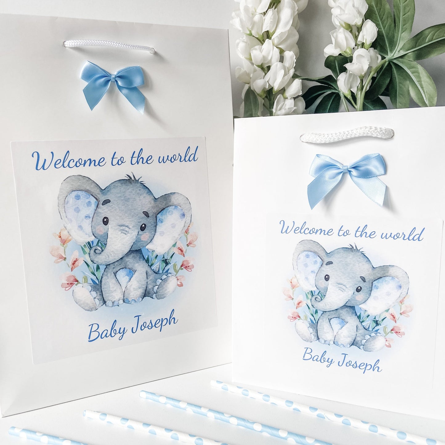 Personalised Congratulations New Baby Boy Gift Bag Watercolour Elephant