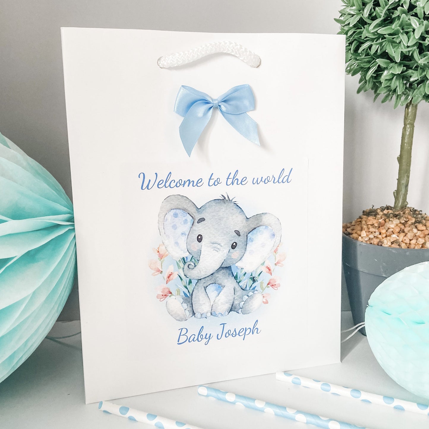 Personalised Congratulations New Baby Boy Gift Bag Watercolour Elephant